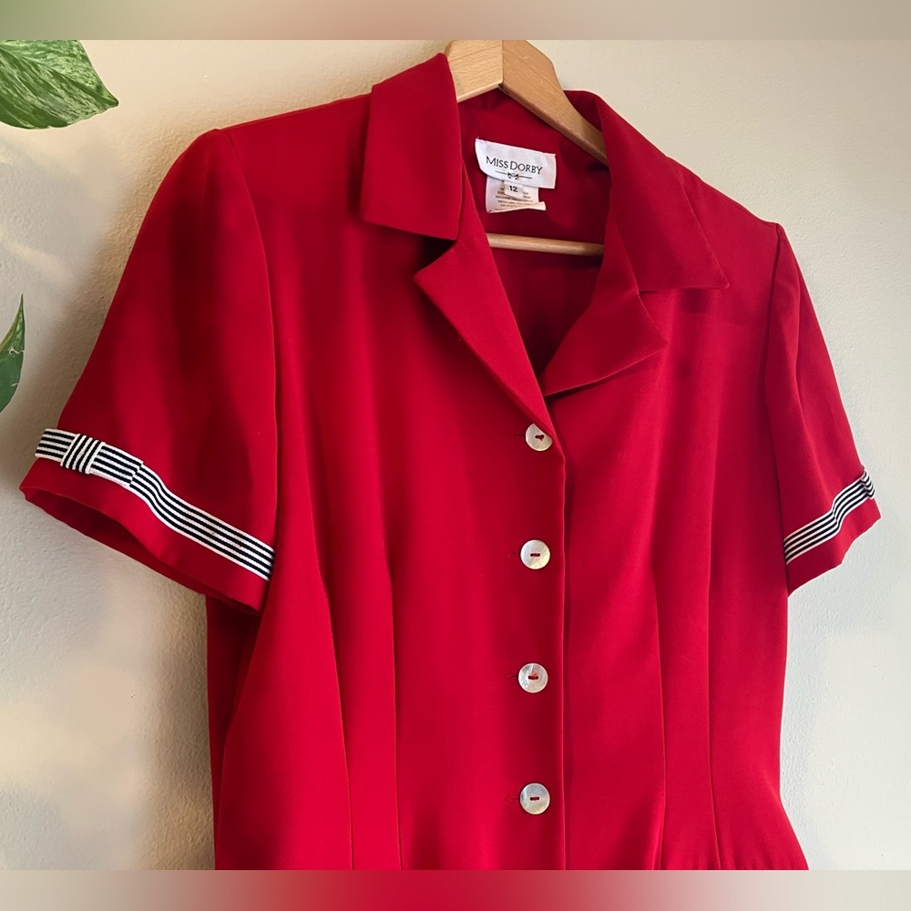 Vintage Miss Dorby Red Short Sleeve Button Down Collared Dress w/Striped Bows 12
